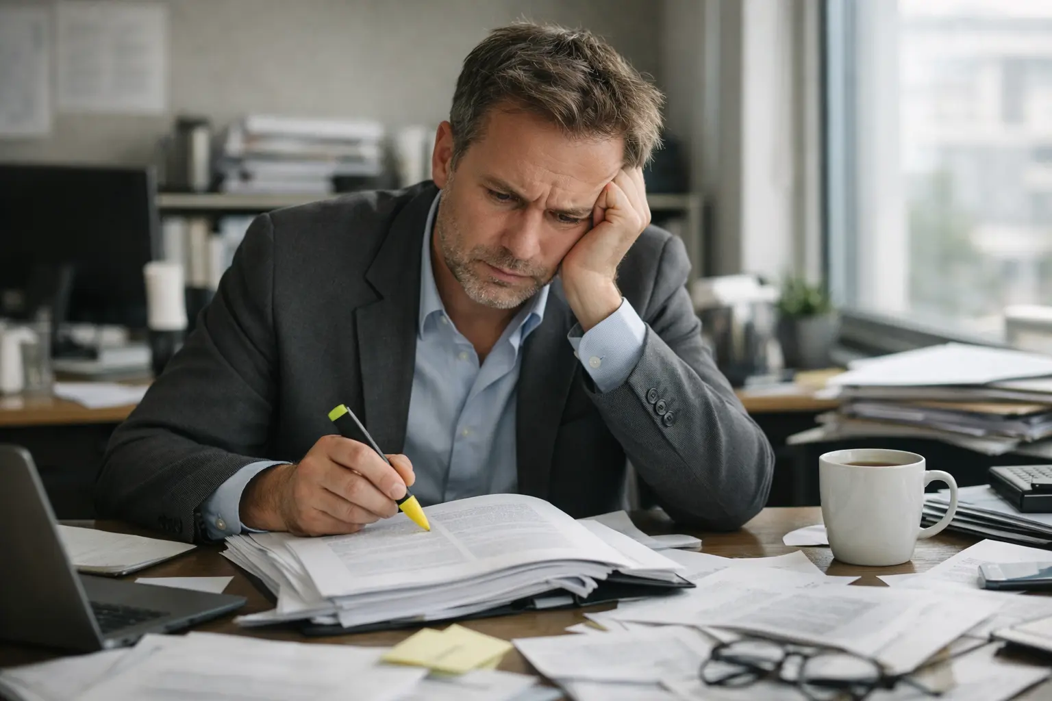Un directivo frustrado sentado frente a su mesa de trabajo