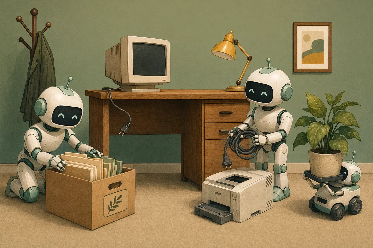 Dos robots simpáticos jubilando con cuidado un puesto administrativo antiguo — uno guarda carpetas en una caja de archivo, el otro enrolla el cable de la impresora.