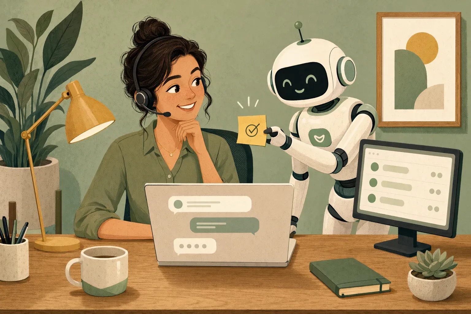 Una agente de atención al cliente sonriente frente a su portátil; un robot amable a su lado le acerca un post-it con una sugerencia mientras gestiona un chat.