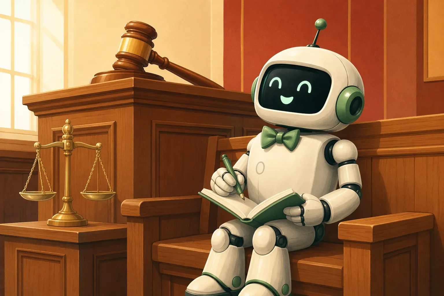 The bulletin mascot, as a court reporter, takes notes in its notebook in front of a wooden judge's bench with a large gavel