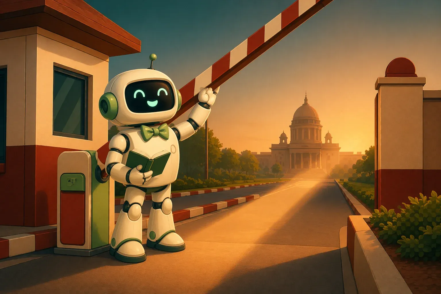 The bulletin mascot, as a reporter with a notebook, lifts the boom barrier of a checkpoint while a beam of warm light streams through the open gate, with the silhouette of a domed government building in the background