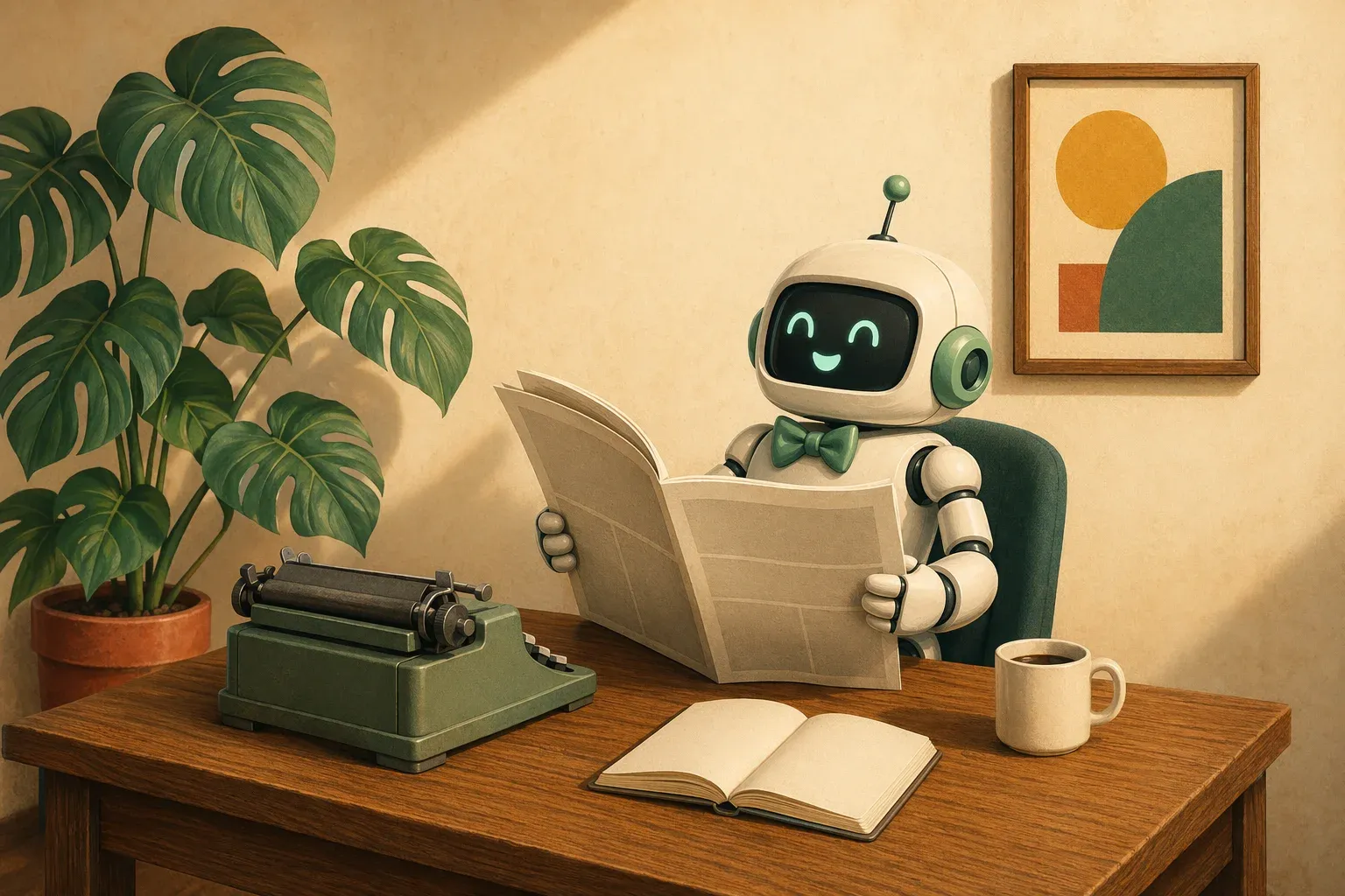 The bulletin's mascot reading a freshly printed newspaper at a newsroom desk with a typewriter, a coffee mug and an open notebook
