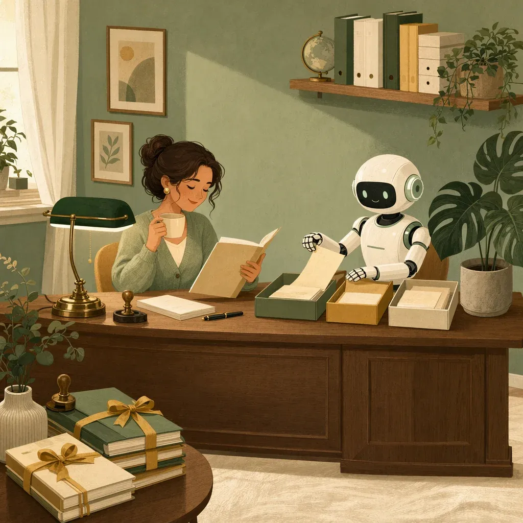 Despacho profesional con un robot ordenando documentos en bandejas mientras una persona revisa el expediente clave