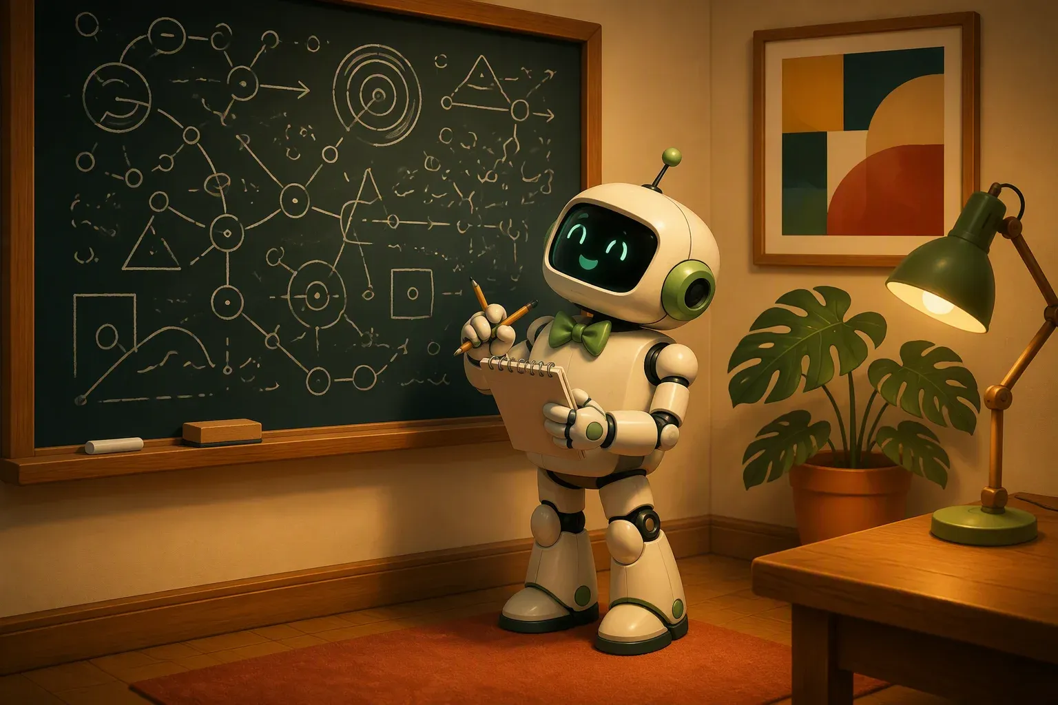The bulletin's mascot, reporter notebook in hand, studies a blackboard covered in abstract chalk diagrams and squiggles
