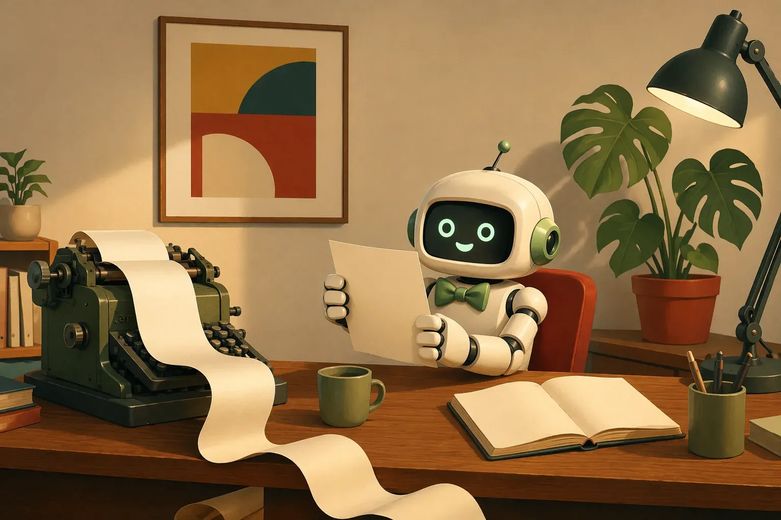 The bulletin mascot at a newsroom desk with ticker tape spooling out of a machine, a coffee mug and an open notebook, reviewing a freshly printed sheet