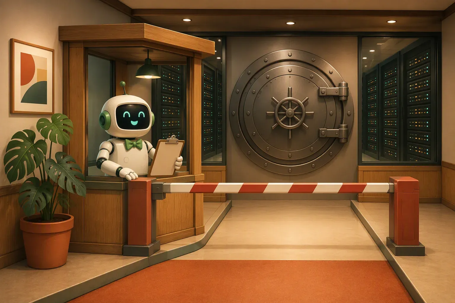 The bulletin mascot, from a security booth, lowers a striped barrier in front of the vault door of a server room