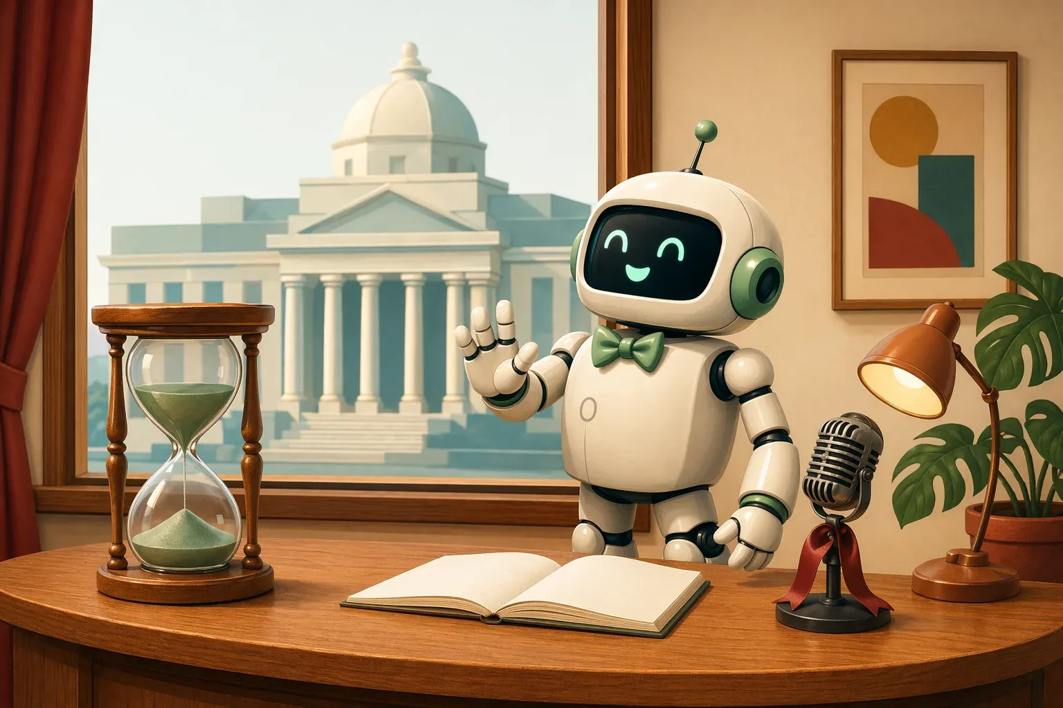 La mascota del boletín, como reportera, levanta una mano en gesto de esperar junto a un gran reloj de arena, con la silueta de un edificio gubernamental con cúpula al fondo