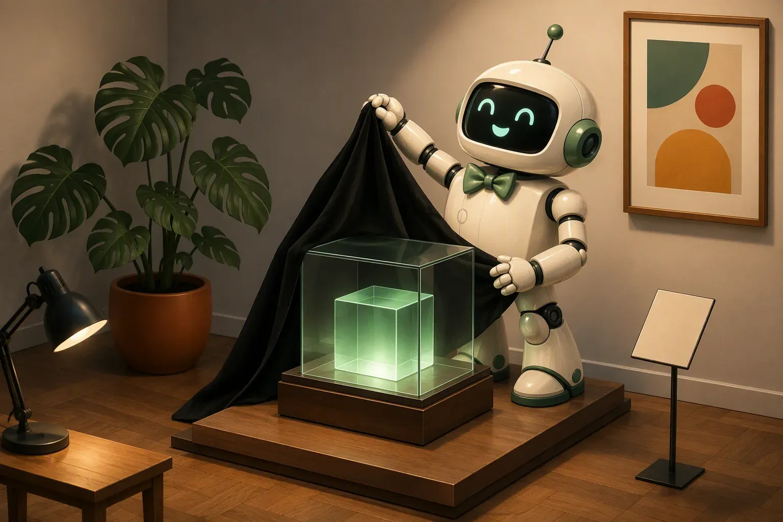 The bulletin mascot pulls a black cloth off a display case holding a glowing green cube
