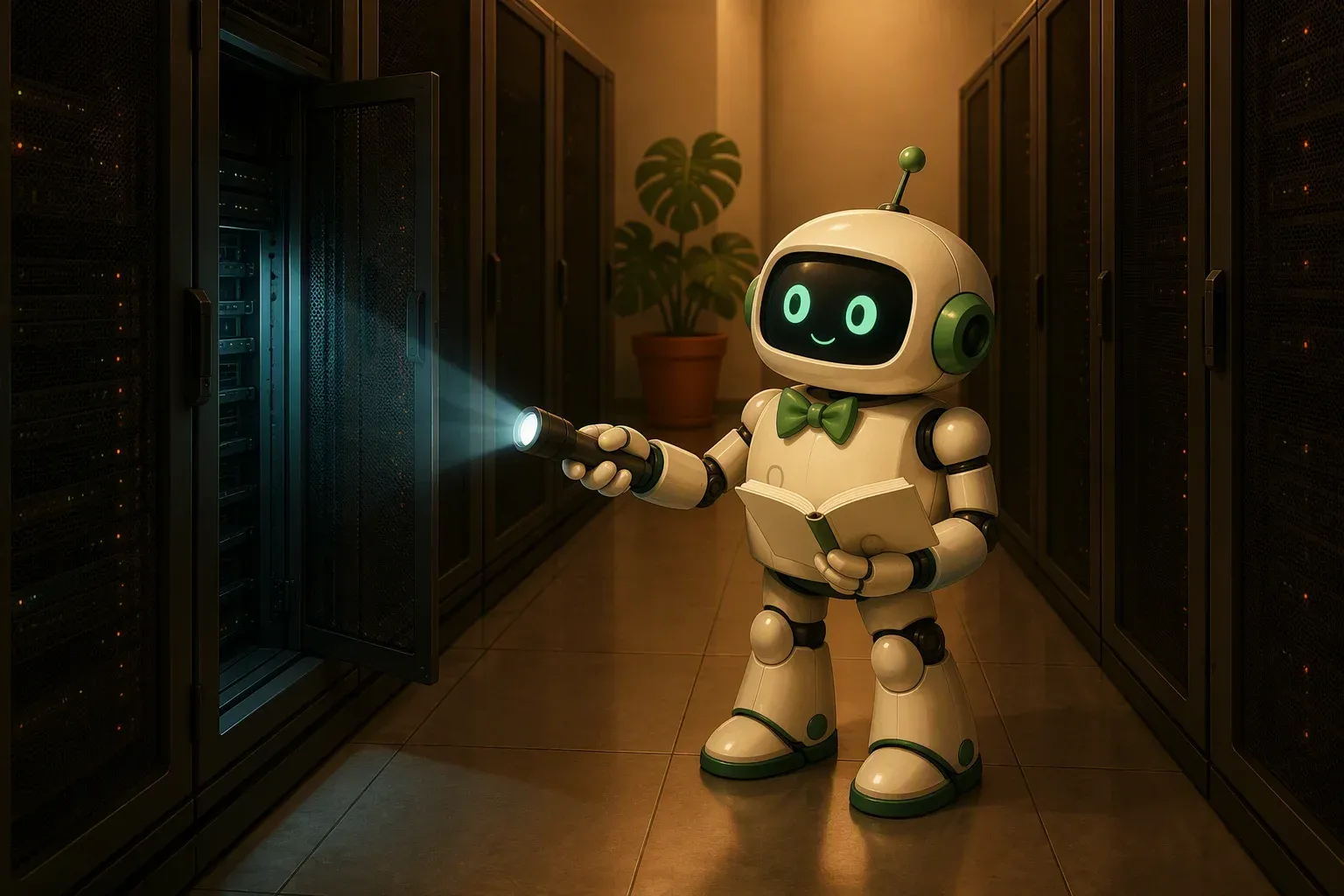 The bulletin mascot, with a flashlight and its notebook, inspects a dim aisle of server cabinets at night with one door left ajar