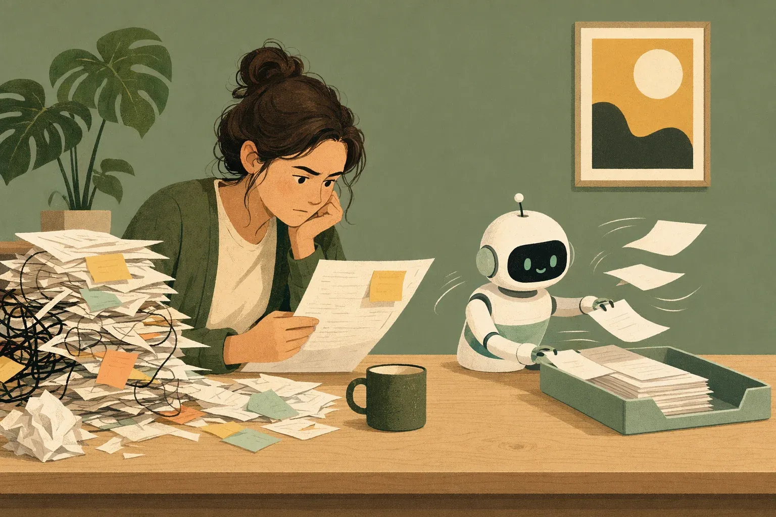 Ilustración editorial: una persona concentrada en un caso complejo mientras un pequeño robot procesa los tickets fáciles a su lado