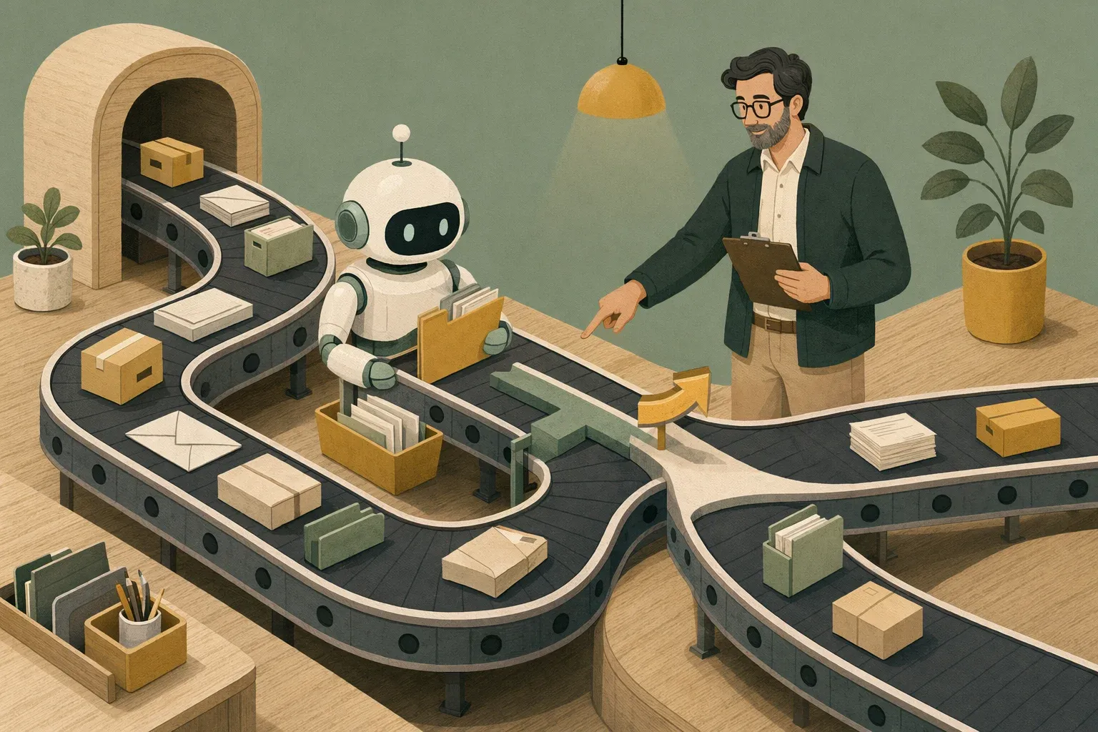 Ilustración editorial: un supervisor humano y un pequeño robot rediseñando juntos el flujo de trabajo en una cinta transportadora
