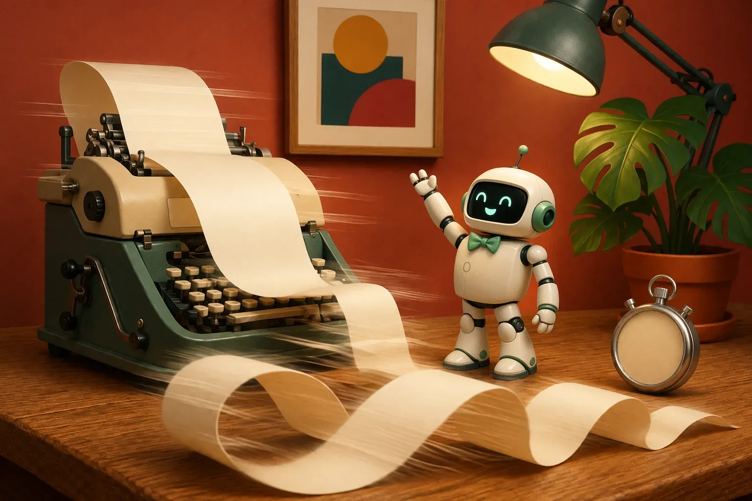 Mascota del boletín junto a un teletipo del que sale a gran velocidad una larga cinta de papel en blanco, con líneas de movimiento y un cronómetro sobre la mesa