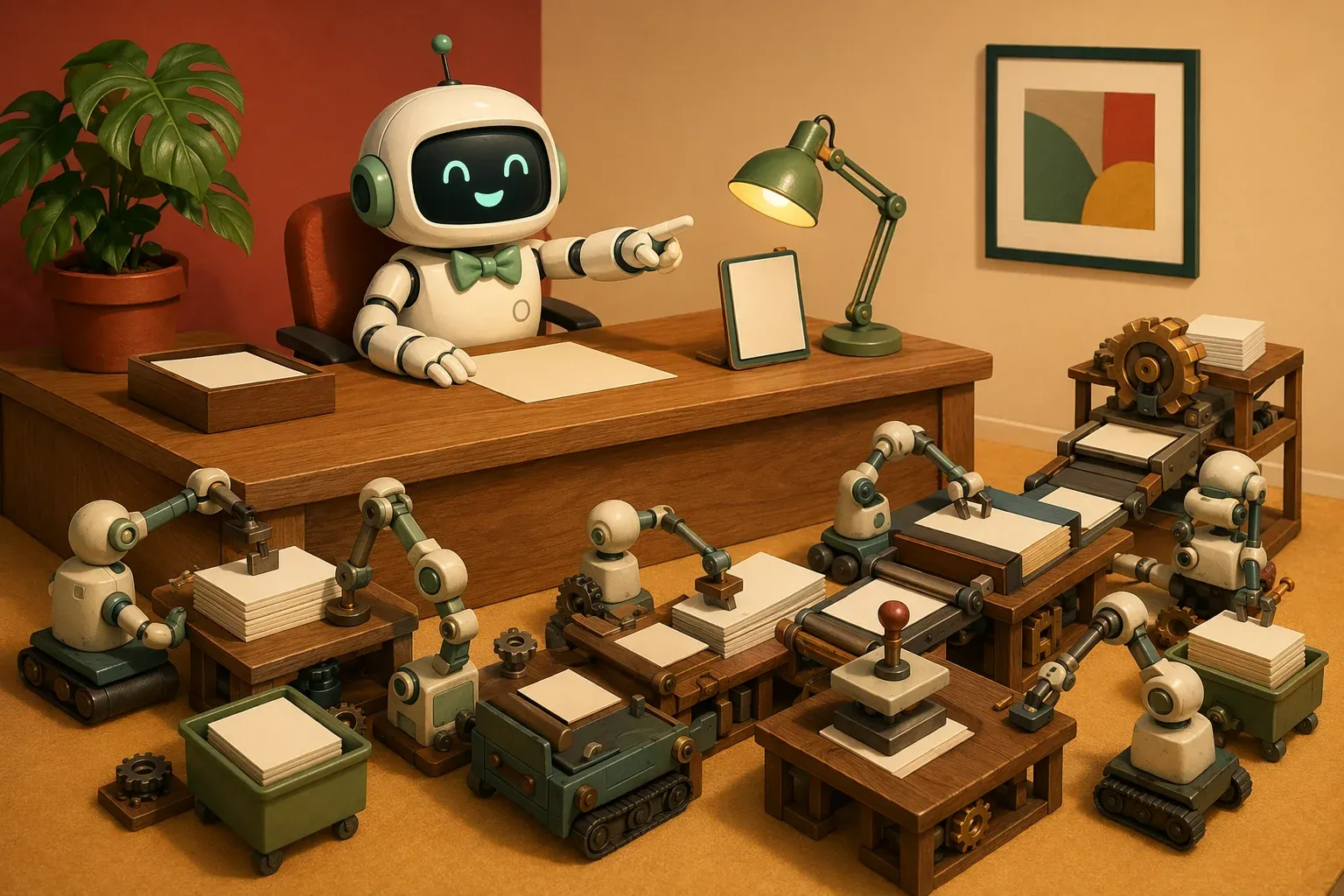 Mascota del boletín en una mesa de redacción dirigiendo a varios robots diminutos que trabajan en pequeños bancos con engranajes y bandejas de papel, bajo una lámpara de estudio
