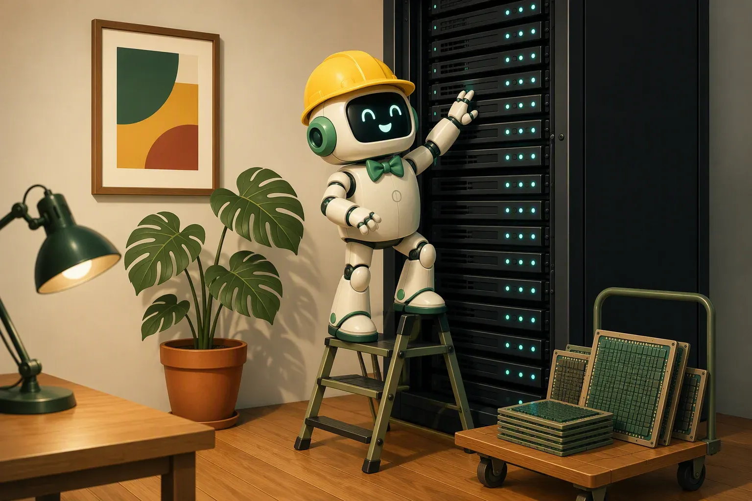 The bulletin mascot, in a hard hat and up a stepladder, inspects a server rack next to a cart loaded with chips