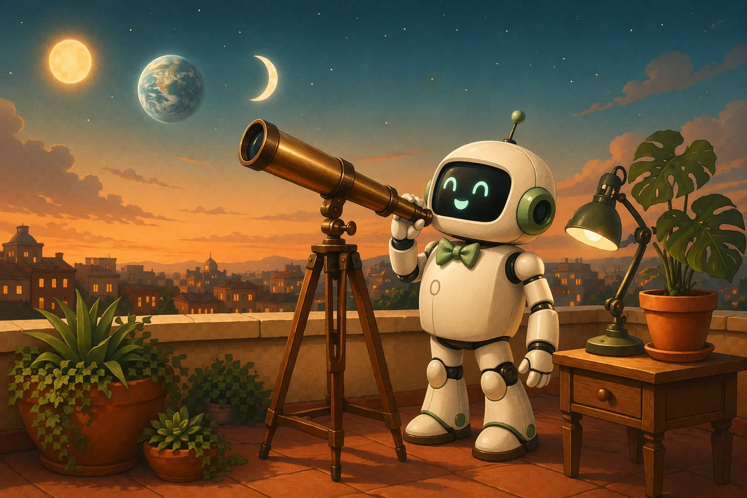 The bulletin mascot looks through a brass telescope from a rooftop at dusk, toward a sky where a small sun, a planet and a crescent moon glow