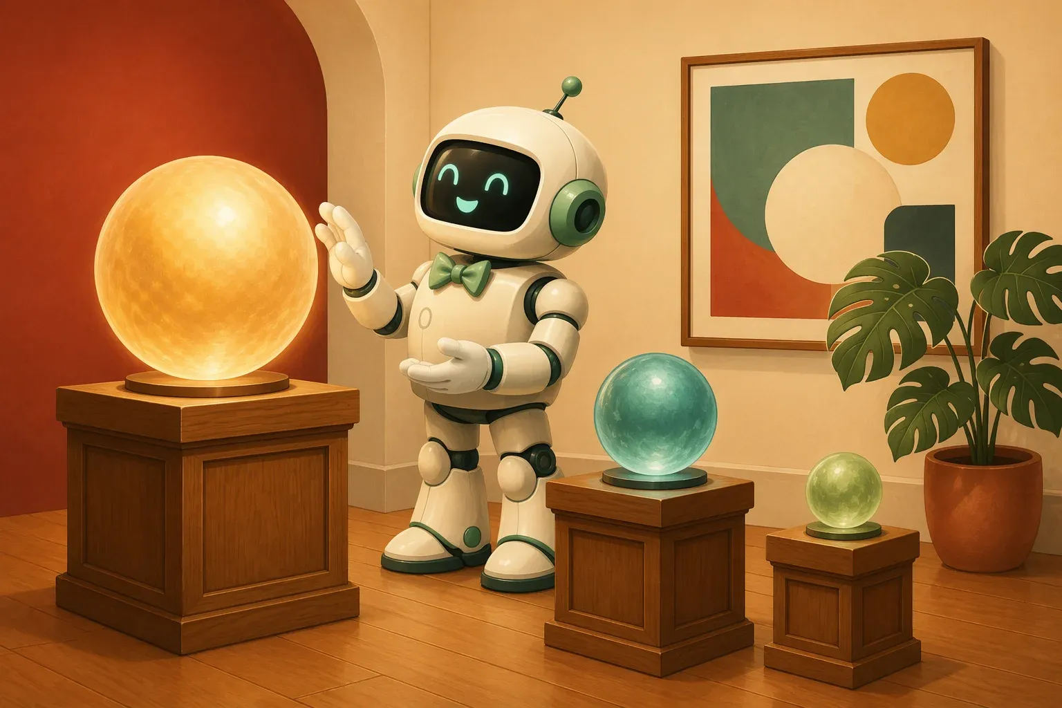 The bulletin mascot, wearing museum curator gloves, examines three glowing spheres of different sizes displayed on wooden pedestals