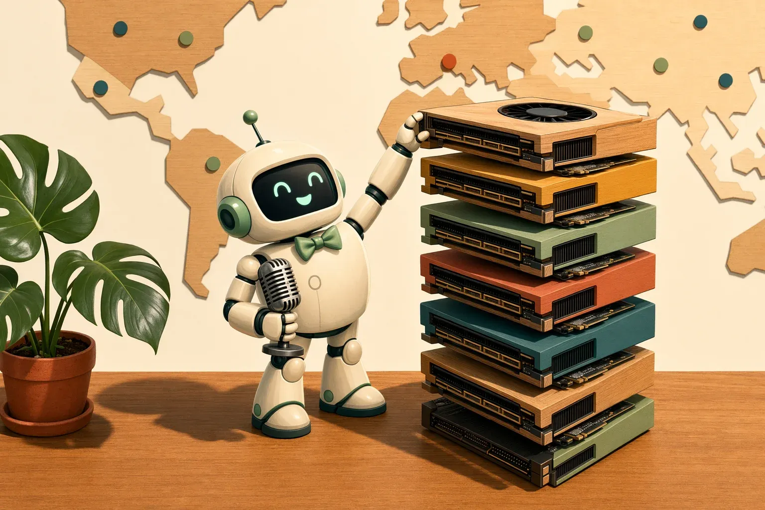 Torre de bloques de cómputo apilados con pequeños robots colocando uno encima, mapa estilizado del mundo al fondo desenfocado