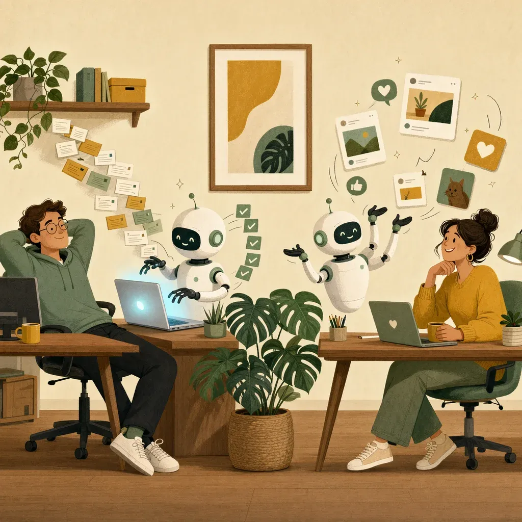 Escena dividida: un técnico de soporte IT y un community manager trabajando relajados mientras un robot absorbe el flujo repetitivo