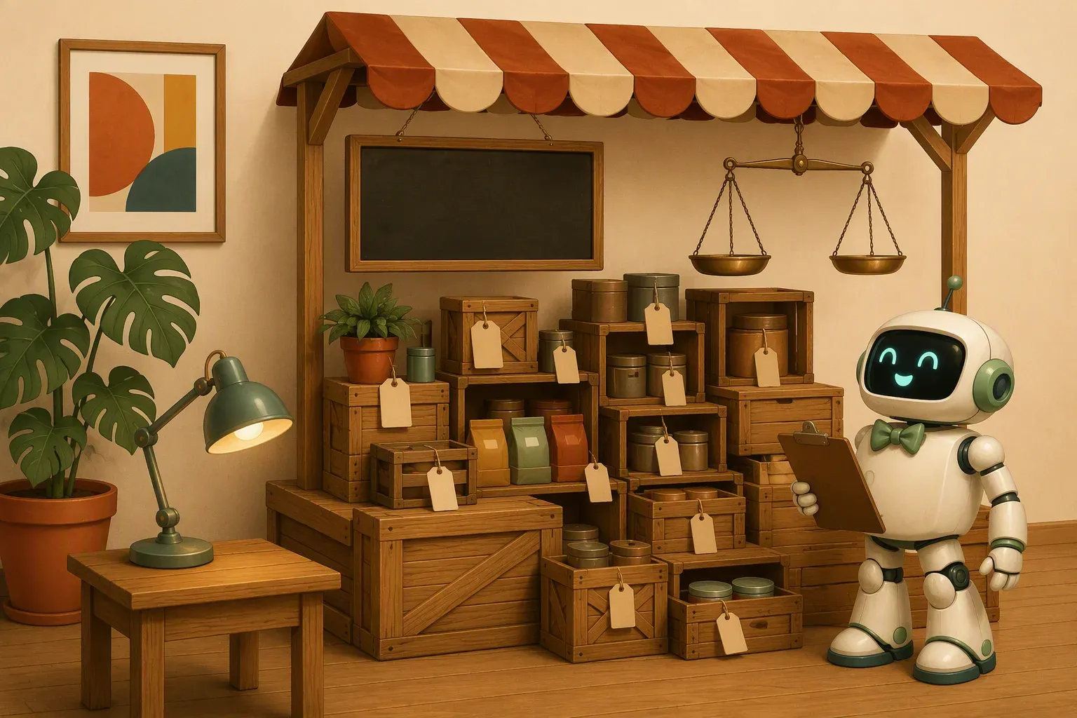 The bulletin mascot, clipboard in hand, inspects a market stall of wooden crates of different sizes with blank price tags