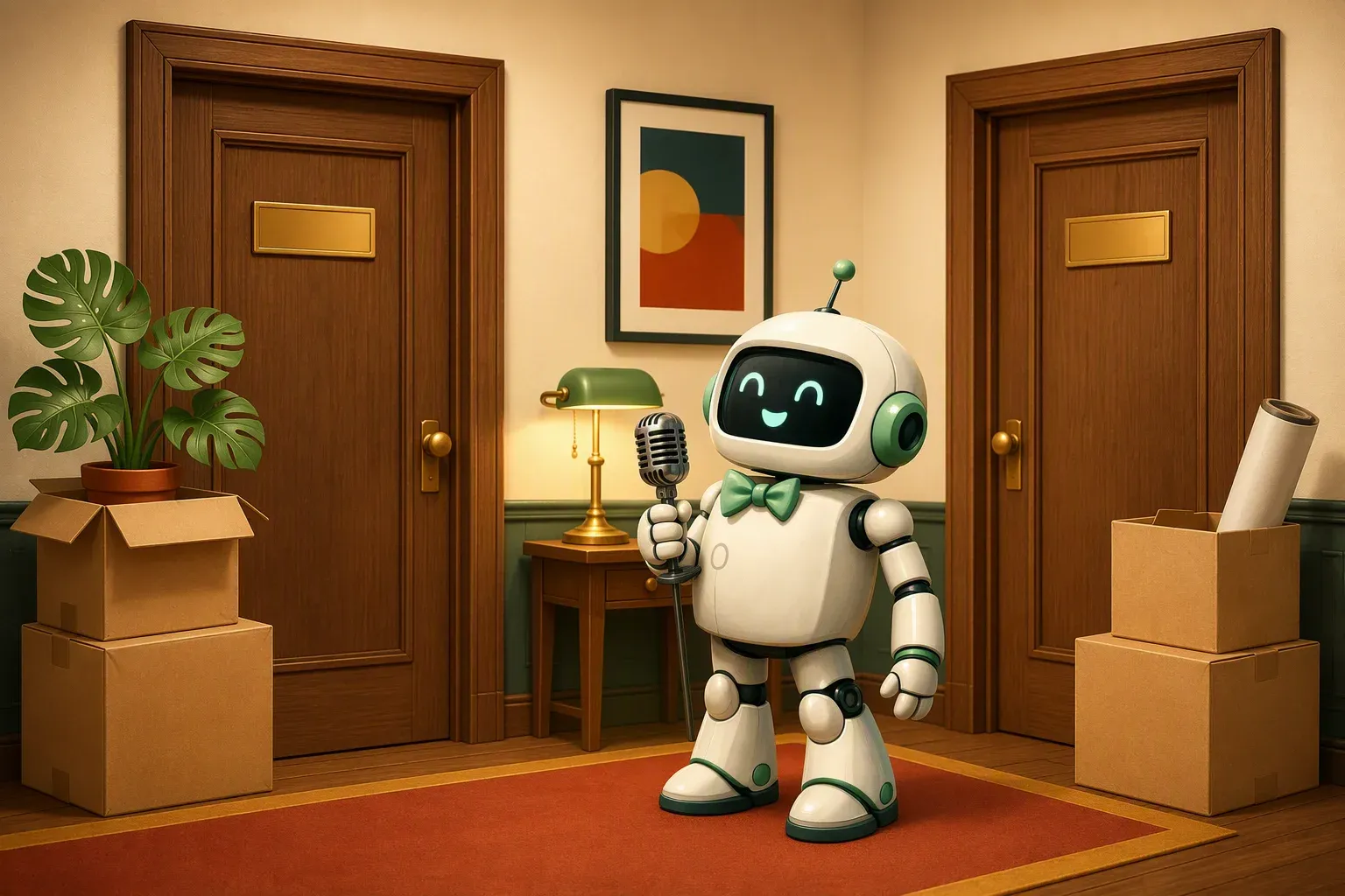 The bulletin's mascot, microphone in hand, waits outside two offices with moving boxes stacked by the doors