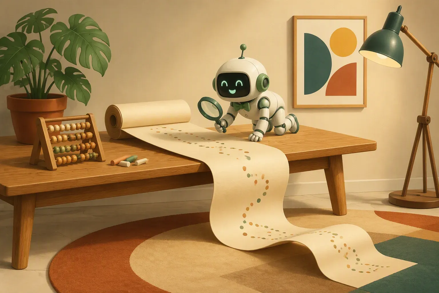 The bulletin mascot, magnifying glass in hand, follows a very long paper roll with a wavy curve drawn on it spilling from the table to the floor