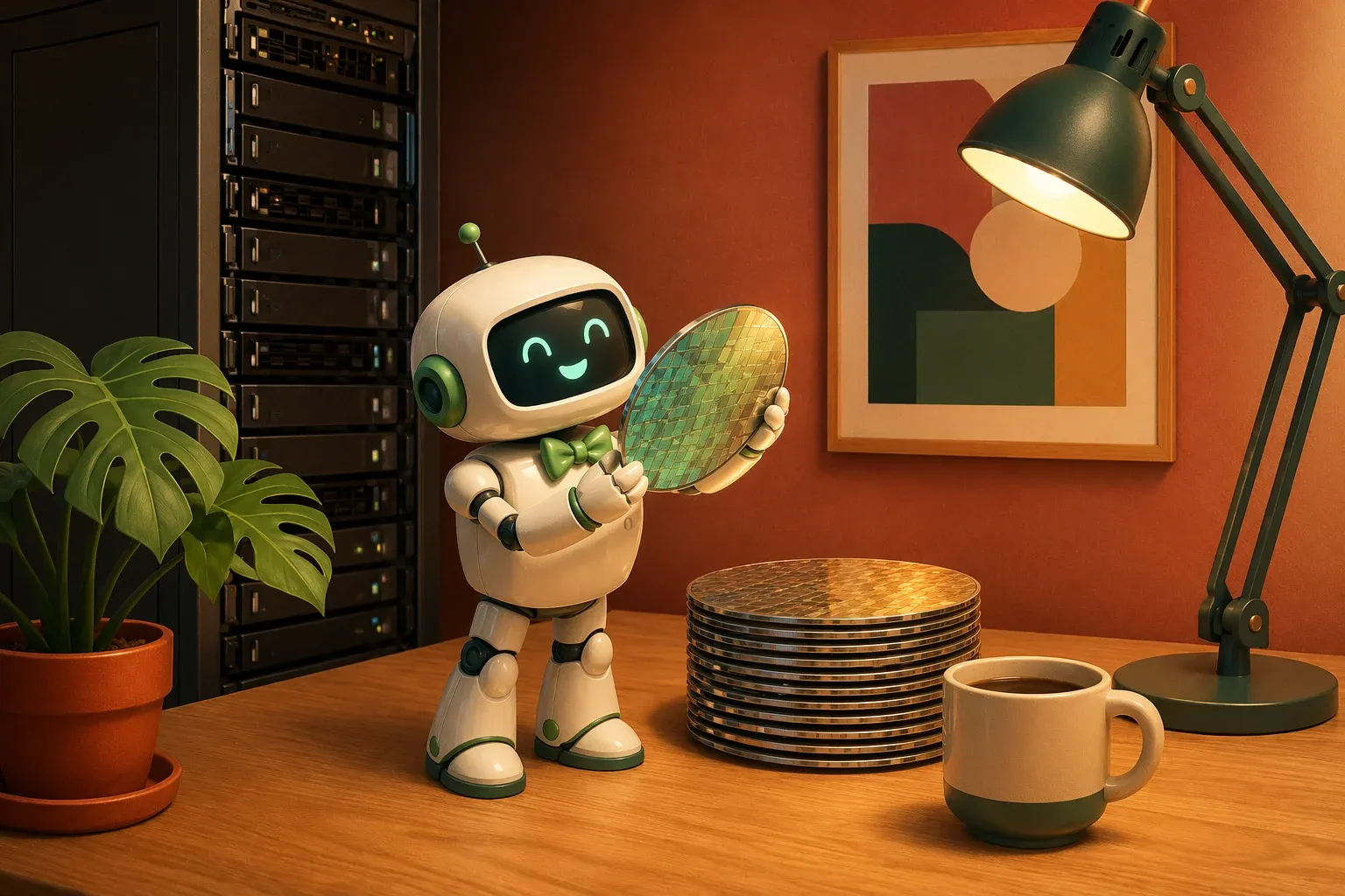 Mascota del boletín de pie junto a una torre de servidores y obleas de chips apiladas, con una taza de café y una planta monstera en una mesa de roble al fondo
