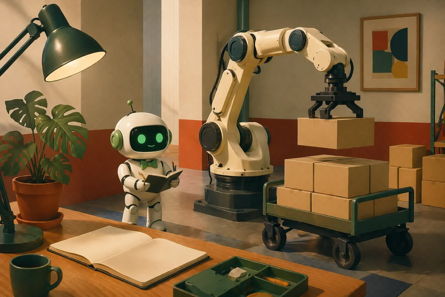 The bulletin mascot taking notes in a notebook next to an articulated industrial robot moving a warehouse cart, with blank labelled boxes and a monstera plant in the background