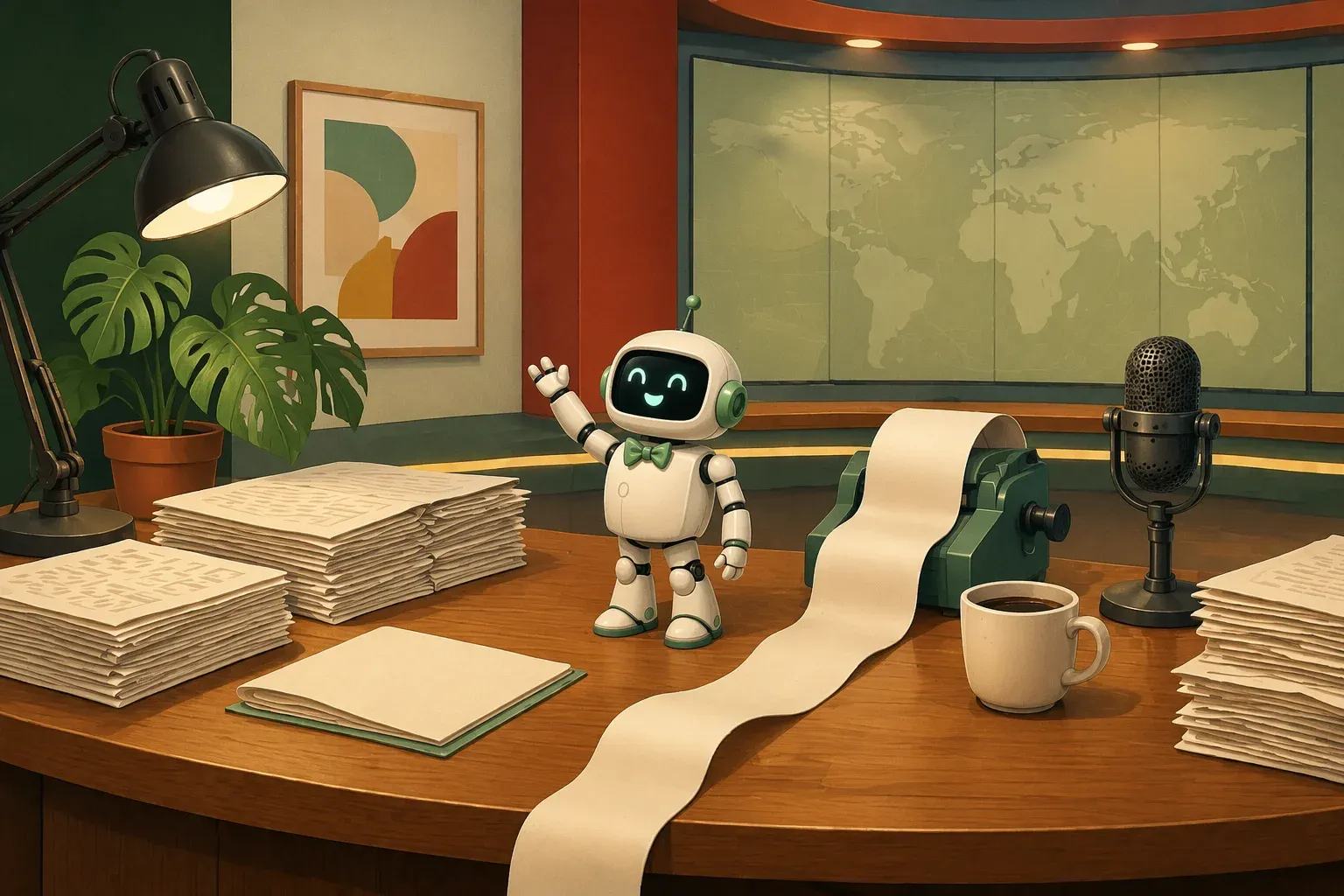 Mascota del boletín en una mesa de redacción rodeada de periódicos apilados y cinta de teletipo en blanco que sale de una máquina, con una taza de café y una planta monstera al fondo