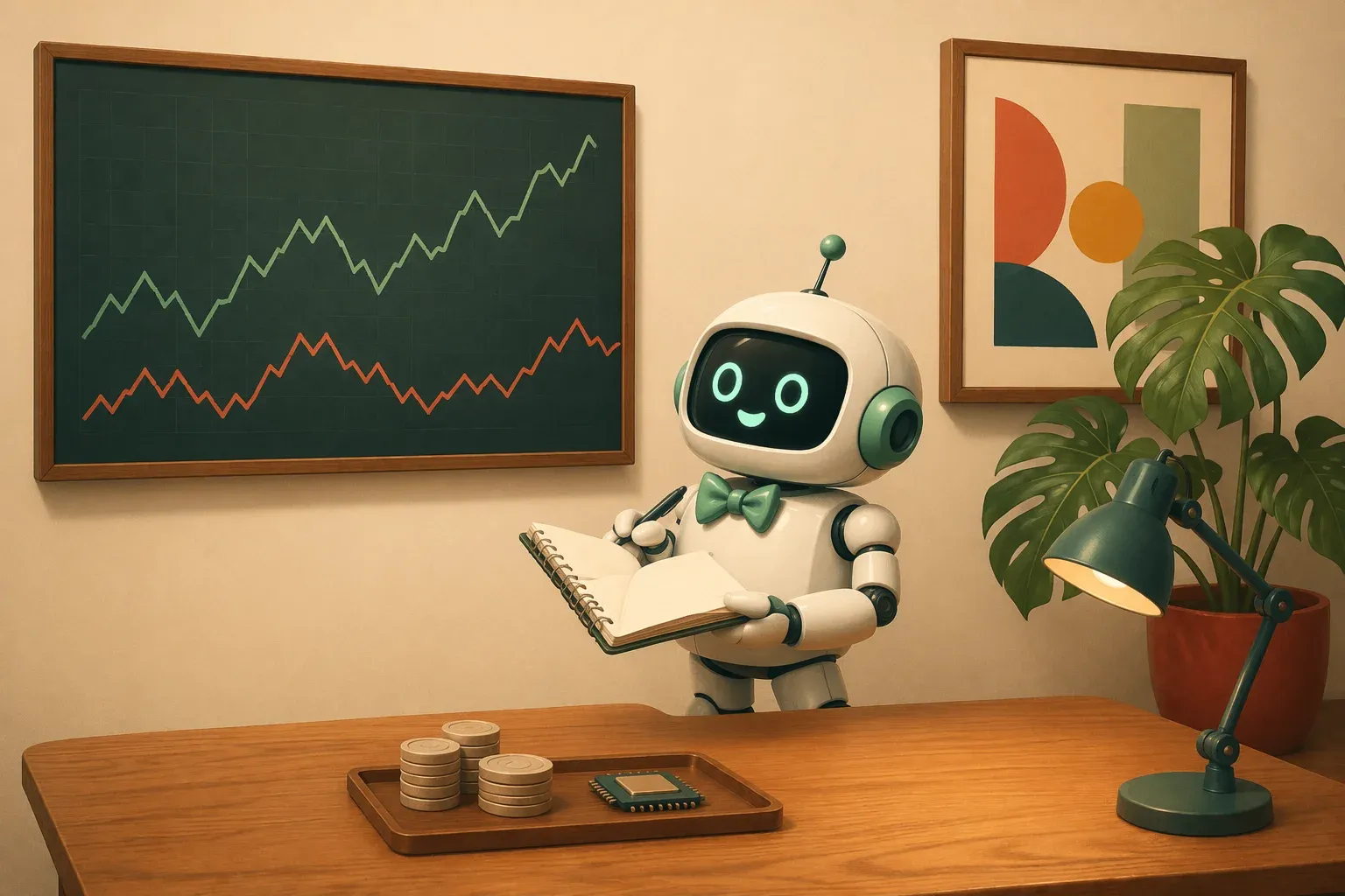 The bulletin mascot in front of a ticker board with rising and falling lines, holding a notebook next to a tray with stacks of coins and a silicon chip on the desk