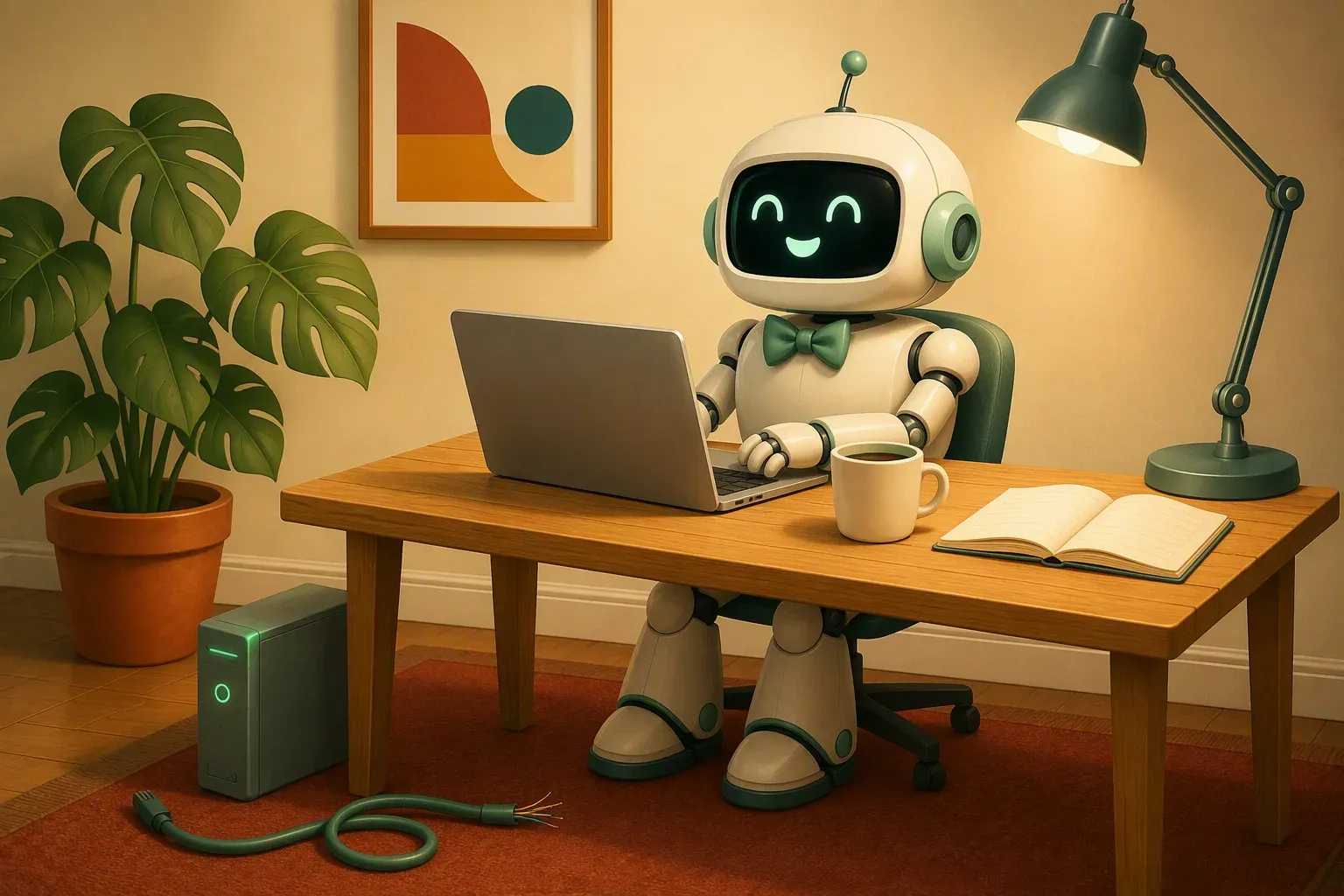 The bulletin mascot works at a desk with a laptop attached to no network cable, next to a tower with a green light