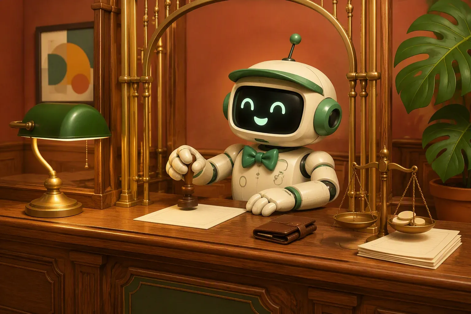 The bulletin's mascot, wearing a cashier visor, stamps documents behind a vintage bank counter with a small wallet and a balance scale on the desk