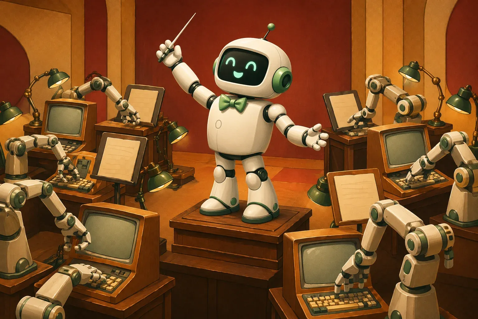 The bulletin mascot conducts with a baton, from a small podium, a pit of faceless robotic arms typing on vintage terminals with blank screens