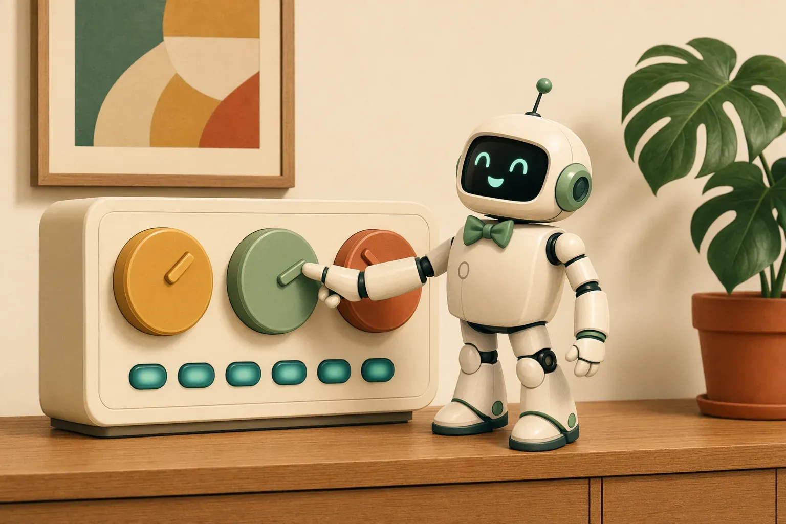 Panel de control con diales de colores, manos humanas ajustando uno y un pequeño robot esperando