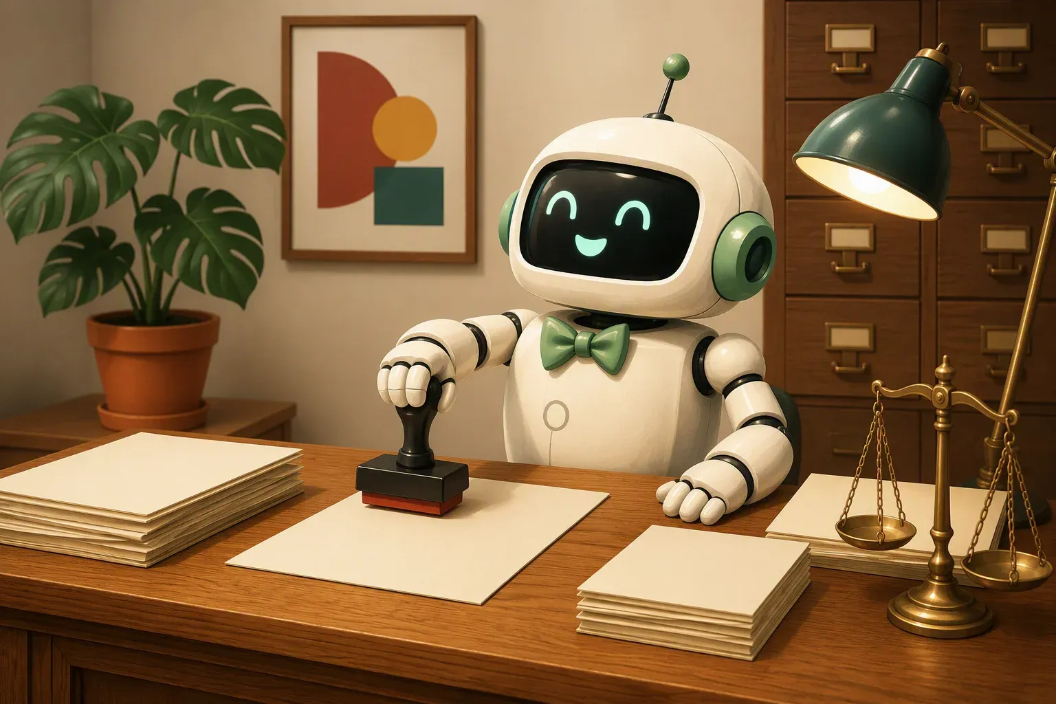 The bulletin mascot stamps a file on a desk with stacked documents and a small balance scale