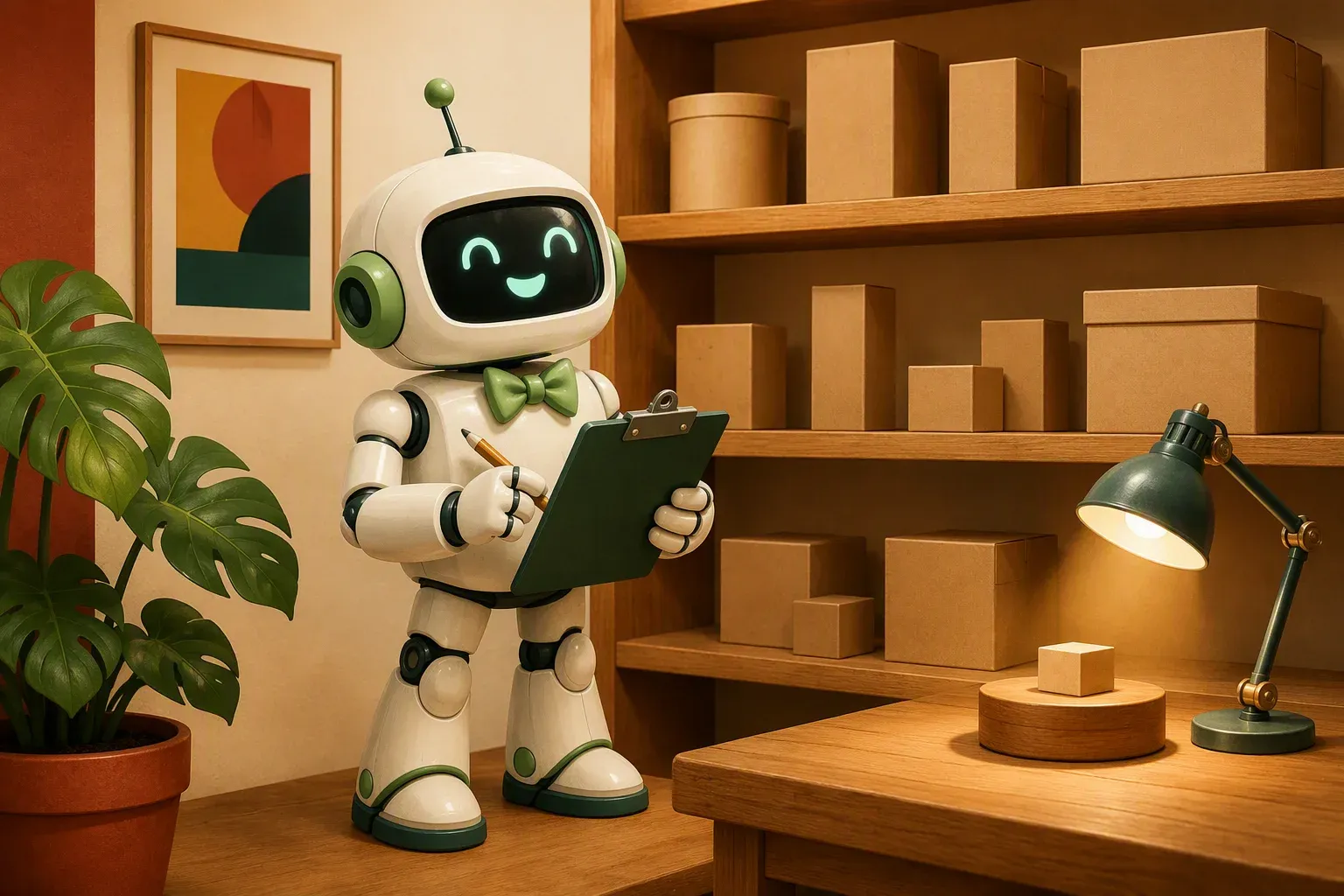 The bulletin's mascot, clipboard in hand, inspects a showroom shelf lined with product boxes of different sizes