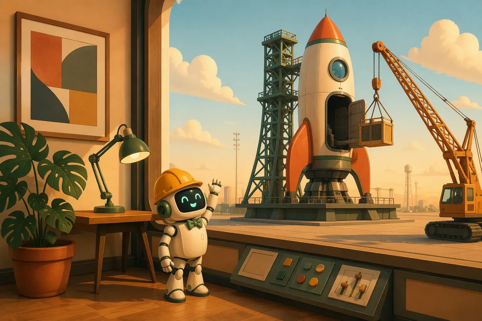 The bulletin mascot in a hard hat watches on a launch pad as a crane loads a laptop-shaped crate into a rocket