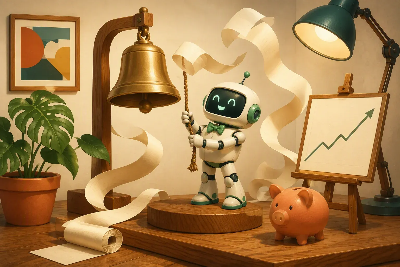 The bulletin mascot, on a small podium, pulls the rope of a large brass bell as blank paper ticker tape flies around