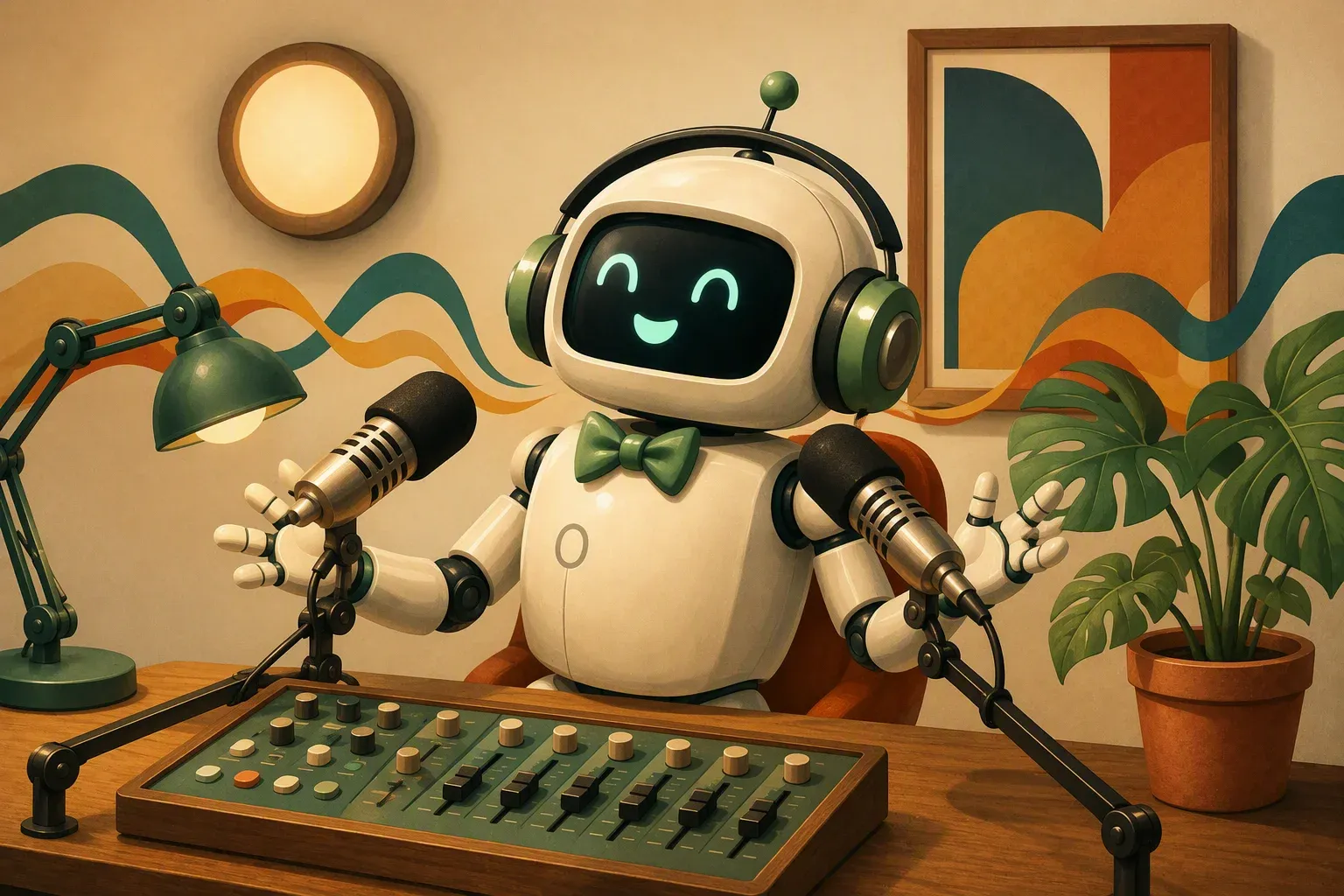 The bulletin's mascot, wearing headphones, speaks into two microphones in a radio studio as sound waves cross the air