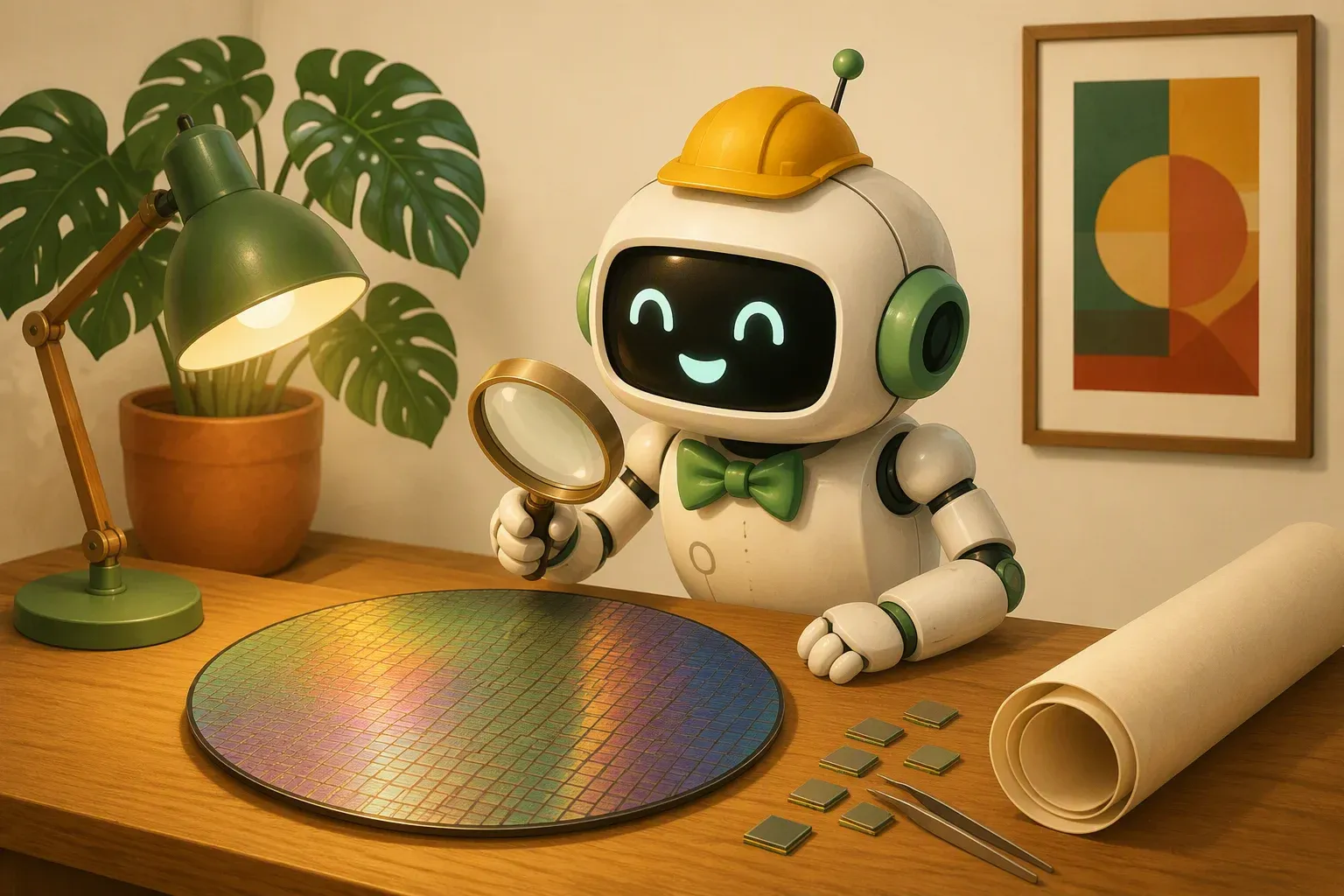 The bulletin's mascot, in a hard hat, examines a large silicon wafer through a magnifying glass on a workbench