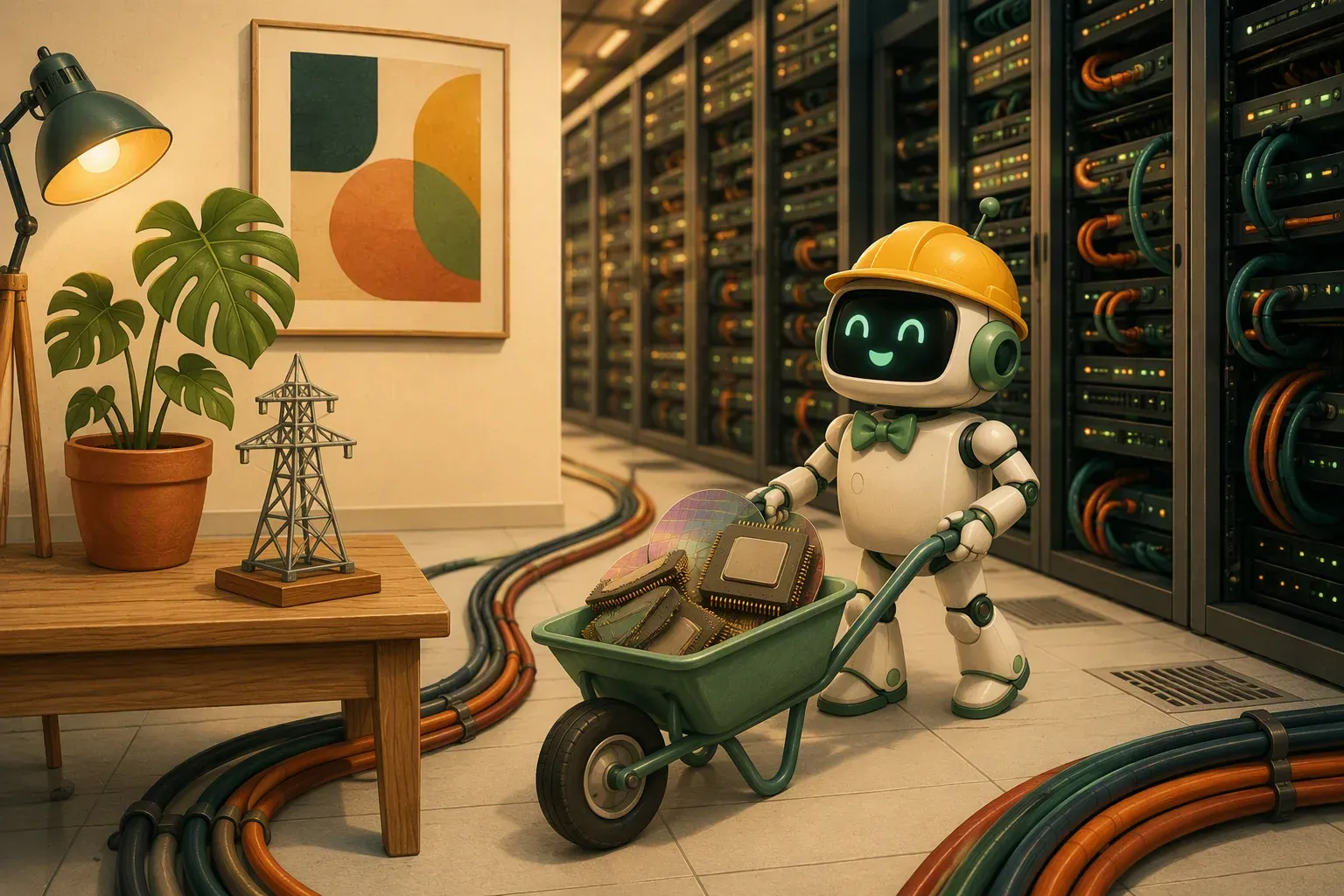 The bulletin mascot in a hard hat pushes a wheelbarrow loaded with chips and silicon wafers down a data-centre aisle