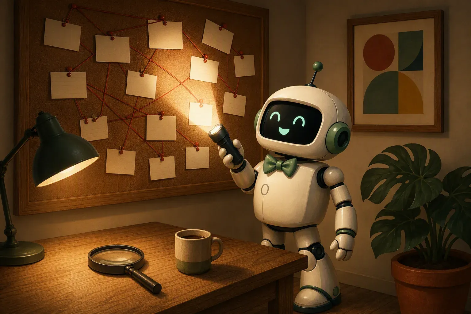 The bulletin's mascot, flashlight in hand, studies a cork board of blank pinned cards connected by red string
