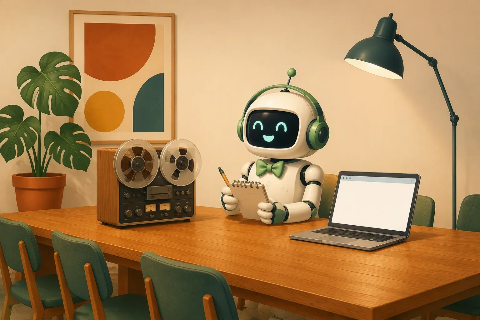 The bulletin mascot, wearing headphones and holding a notebook, sits at the head of an empty meeting table with a reel-to-reel recorder spinning