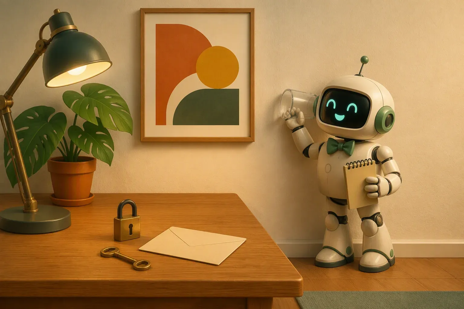 The bulletin mascot presses a drinking glass to the wall to listen, notebook in the other hand, with a padlock and a blank envelope on the table