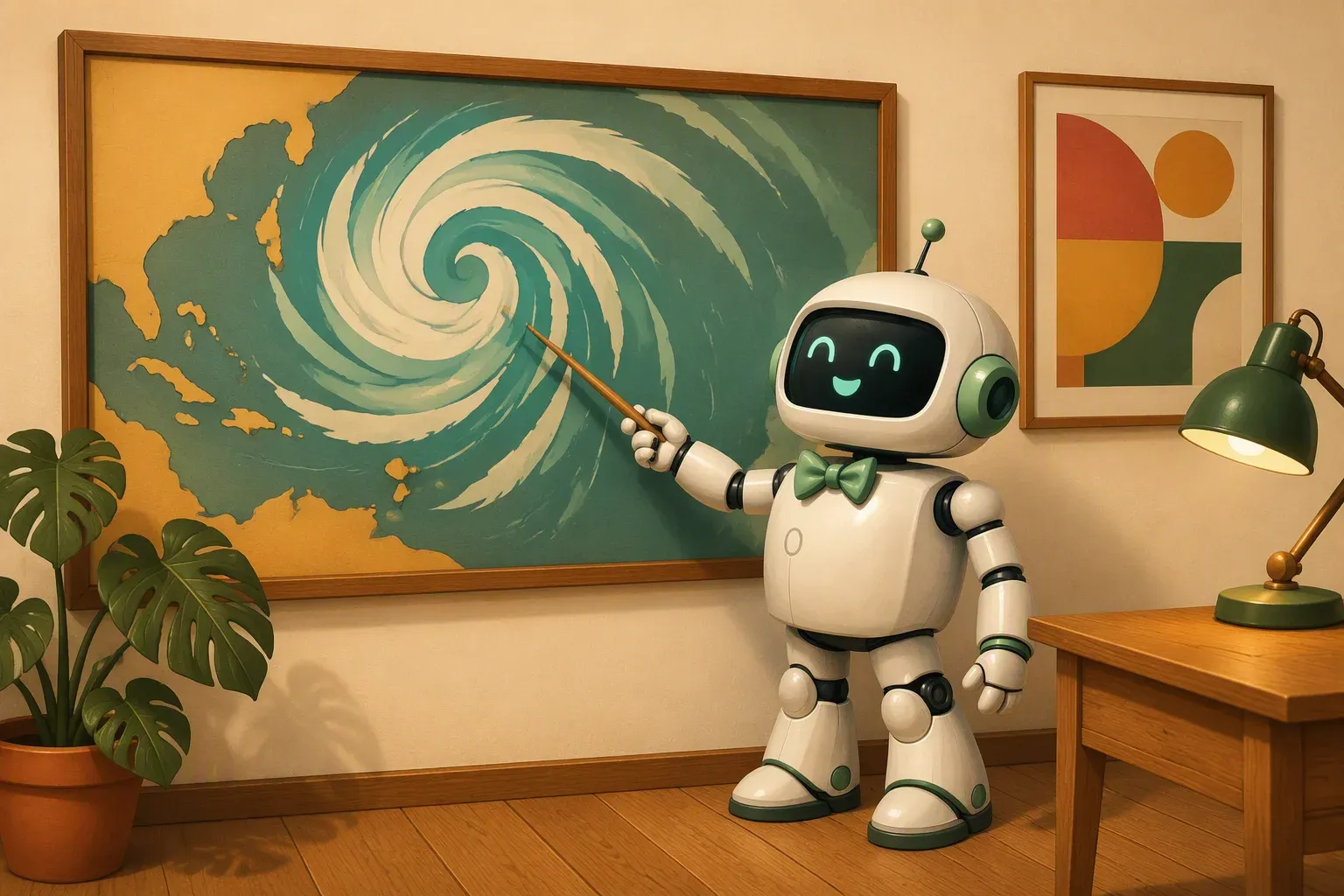 The bulletin's mascot, wooden pointer in hand, points at a stylised cyclone spiral on a large wall map