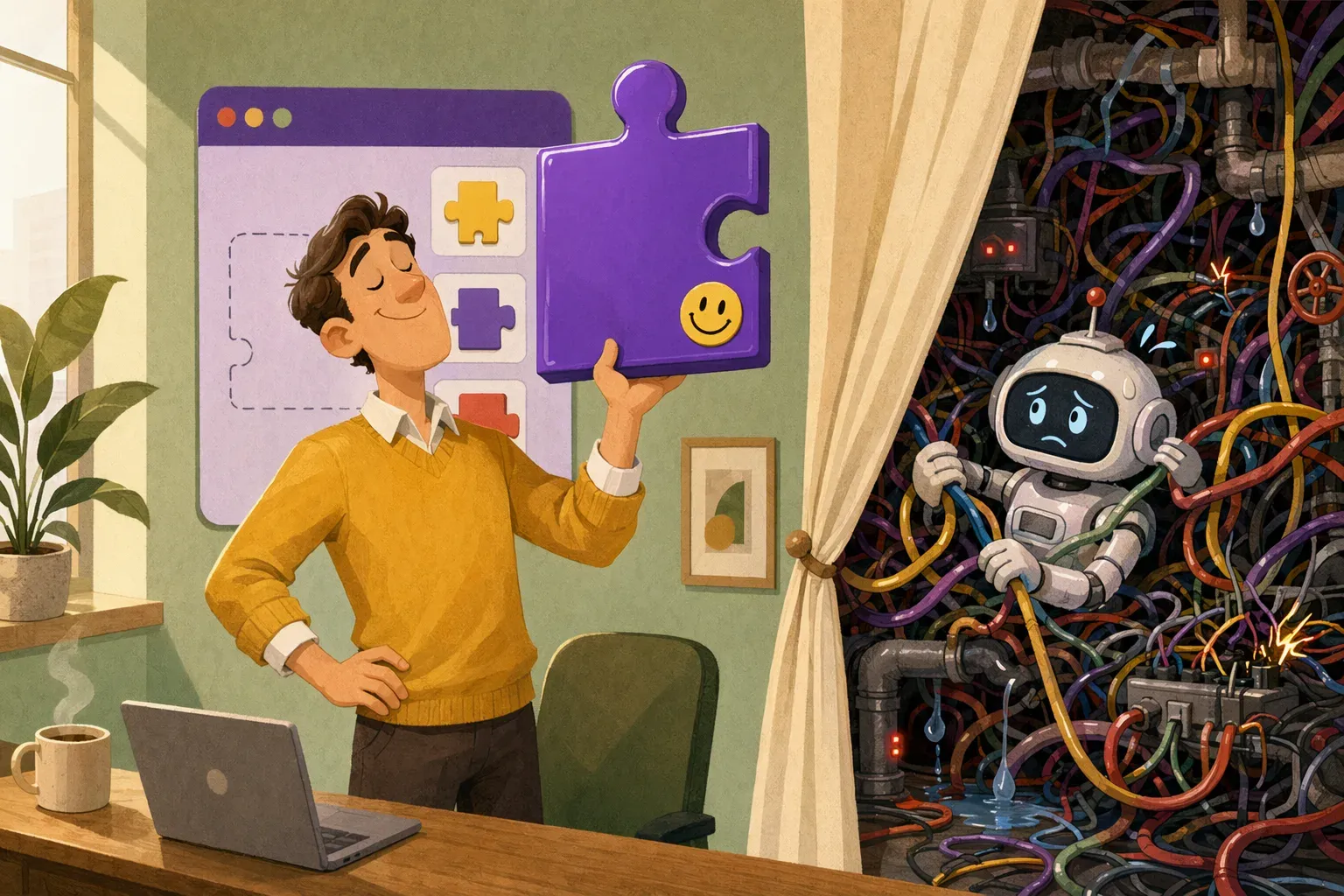 Un comercial sobre un pequeño escenario iluminado muestra una demo limpia a un público que aplaude mientras, tras un telón a medio bajar, el sistema en producción está ardiendo y un pequeño robot intenta contener el caos con un extintor