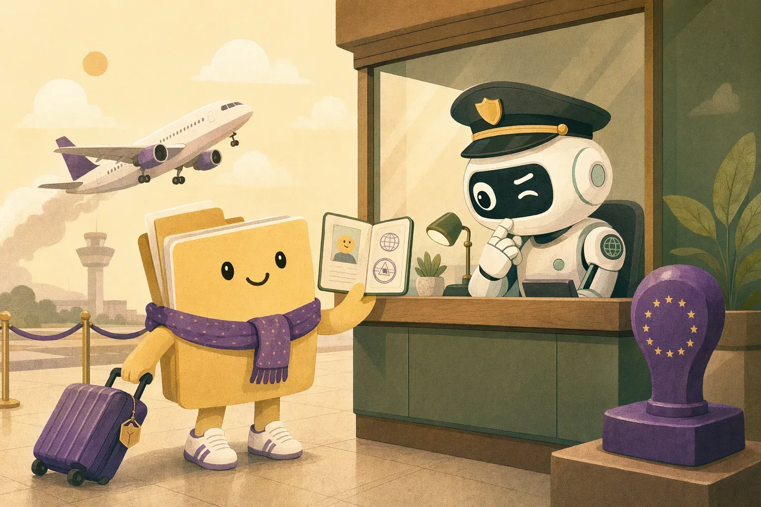 Un pequeño personaje con forma de paquete de datos y maletita enseña su pasaporte en un control fronterizo de la UE mientras un robot funcionario lo inspecciona; al fondo, un avión con destino US-East despega