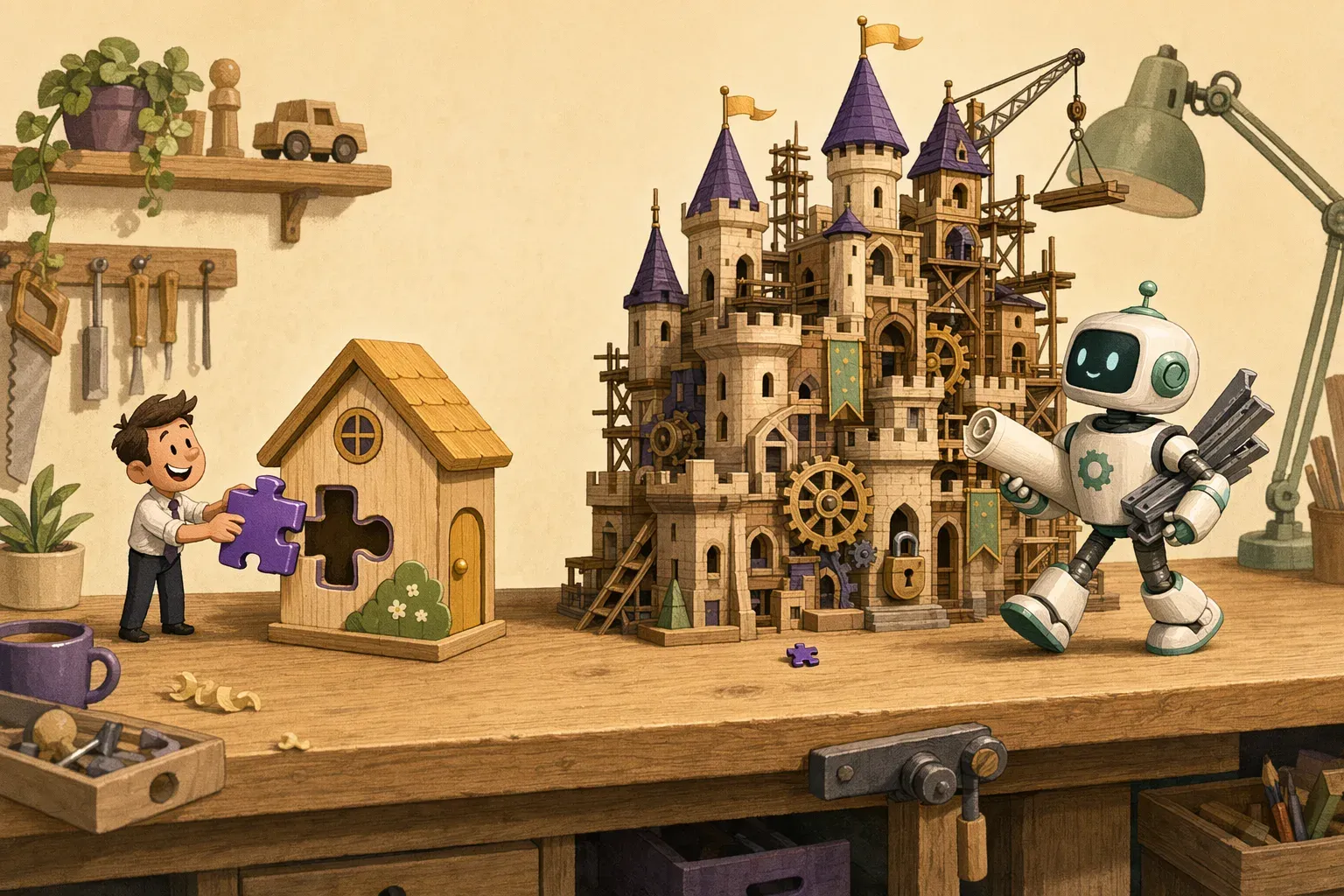En un banco de carpintero, la misma pieza de puzzle morada encaja en una casita de juguete a la izquierda, pero resulta ridículamente pequeña al lado de un castillo de juguete grande a la derecha donde llega un robot ingeniero con planos y vigas de acero