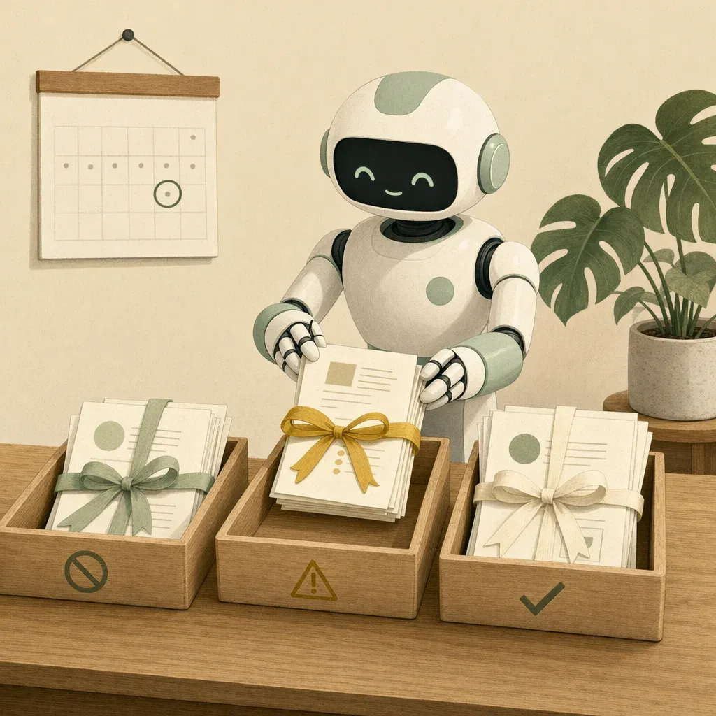 Tres bandejas de clasificación con iconos: prohibido, advertencia y check. Un robot coloca un documento en la bandeja del medio