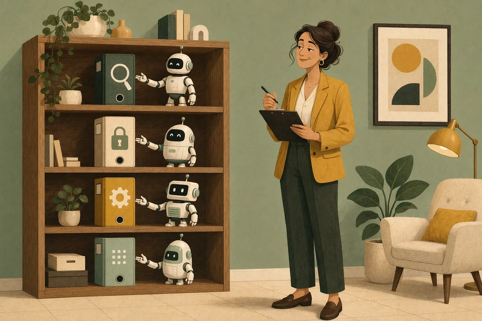 Una profesional de gobernanza con clipboard frente a una estantería con cuatro carpetas — revisión, seguridad, gobierno del modelo y gestión de proveedores — cada una presentada por un pequeño robot.